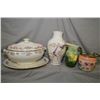 Image 1 : Selection of collectibles including an English lidded tureen with tray, floral motif biscuit barrel 