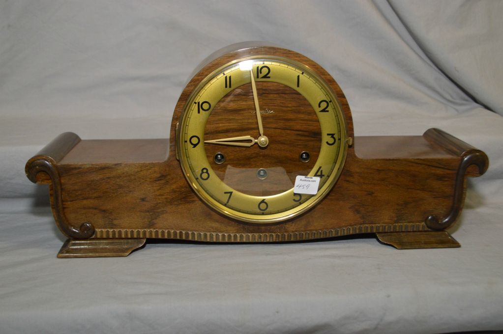 Walnut cased German made Mauthe art deco style chiming mantle clock