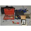 Image 1 : Selection of tools including a 2 ton floor jack, a tach/dwell meter, hand tools including socket set