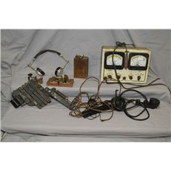 Selection of electrical items including headphones, telegraph key, hand sets and a KIng engine analy