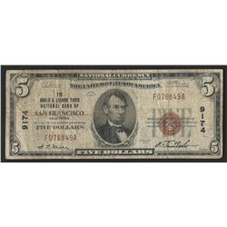 1929 $5 National Bank Note of San Francisco California Charter #9174
