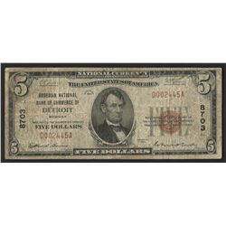 1929 $5 National Bank Note of Detroit Michigan Charter #8703