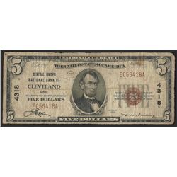 1929 $5 National Bank Note of Cleveland Ohio Charter #4318