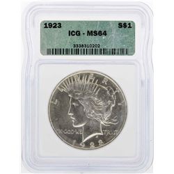 1923 $1 Peace Silver Dollar Coin ICG MS64