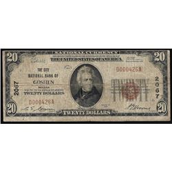 1929 $20 The City National Bank of Goshen Indiana National Currency Note