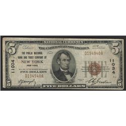 1929 $5 National Bank Note of New York New York Charter #11034