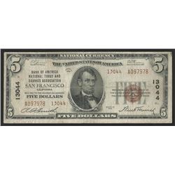 1929 $5 National Bank Note of San Francisco California Charter #13044