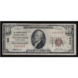 1929 $10 National Bank of Pittsburgh Pennsylvania National Currency Note