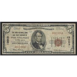 1929 $5 National Bank Note of Philadelphia Pennsylvania Charter #13003