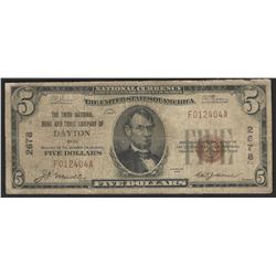 1929 $5 National Bank Note of Dayton Ohio Charter #2678