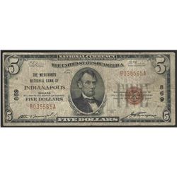 1929 $5 National Bank Note of Indianapolis Indiana Charter #869