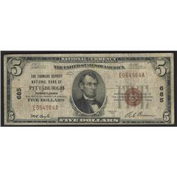 1929 $5 National Bank Note of Pittsburgh Pennsylvania Charter #685