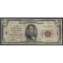 1929 $5 National Bank Note of Hartford Connecticut Charter #121