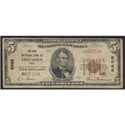 1929 $5 National Bank Note of Columbus Ohio Charter #5065