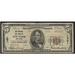 1929 $5 National Bank Note of New York New York Charter #1461