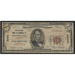 1929 $5 National Bank Note of Milwaukee Wisconsin Charter #6853