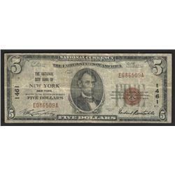 1929 $5 National Bank Note of New York New York Charter #1461