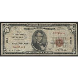 1929 $5 National Bank Note of Pittsburgh Pennsylvania Charter #252