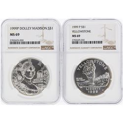 1999P $1 Dolley Madison & 1999P $1 Yellowstone Commemorative Silver Coins NGC MS