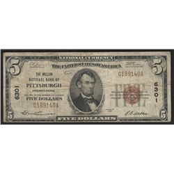 1929 $5 National Bank Note of Pittsburgh Pennsylvania Charter #6301