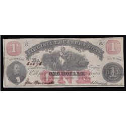 1862 $1 Virginia Treasury Note Obsolete