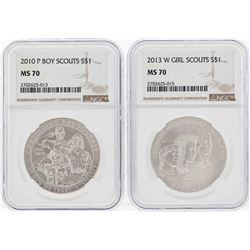 2010P $1 Boy Scouts & 2013-W $1 Girl Scouts Commemorative Silver Coins NGC MS70