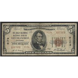 1929 $5 National Bank Note of San Francisco California Charter #9174
