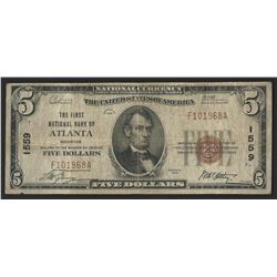 1929 $5 National Bank Note of Atlanta Georgia Charter #1559