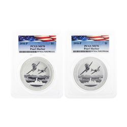 Set of (2) 2016-P $1 Pearl Harbor Silver Coins PCGS MS70