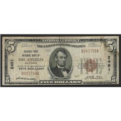 1929 $5 National Bank Note of Los Angeles California Charter #2491