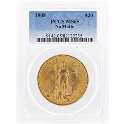 1908 NM $20 St. Gaudens Double Eagle Gold Coin PCGS MS65
