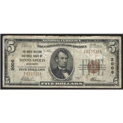 1929 $5 National Bank Note of Minneapolis Minnesota Charter #2006