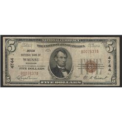 1929 $5 National Bank Note of Wausau Wisconsin Charter #4744