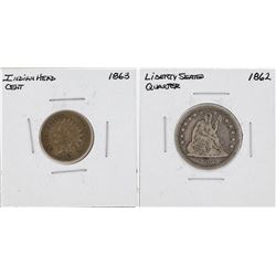 Civil War Era- 1862 Liberty Seated Quarter & 1863 Indian Head Cent Coins
