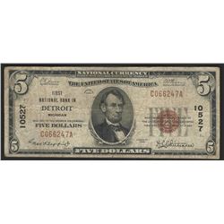 1929 $5 National Bank Note of Detroit Michigan Charter #10527