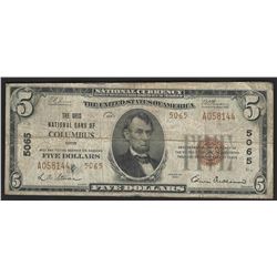 1929 $5 National Bank Note of Columbus Ohio Charter #5065