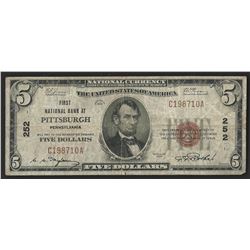 1929 $5 National Bank Note of Pittsburgh Pennsylvania Charter #252