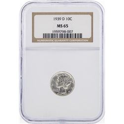 1939-D Mercury Silver Dime Coin NGC MS65