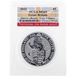 2016 Great Britain 5 Pound Queen's Beasts Lion 2 Ounce Silver Coin PCGS MS69