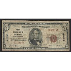 1929 $5 National Bank Note of Boston Massachusetts Charter #12336