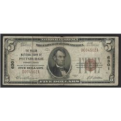 1929 $5 National Bank Note of Pittsburgh Pennsylvania Charter #6301