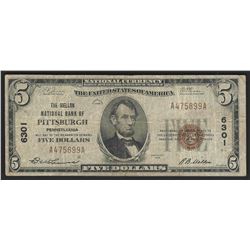 1929 $5 National Bank Note of Pittsburgh Pennsylvania Charter #6301