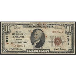 1929 $10 National Bank Note of Laramie Wyoming Charter #4989