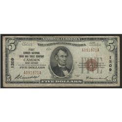 1929 $5 National Bank Note of Camden New Jersey Charter #1209