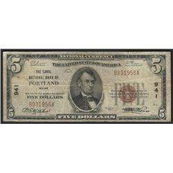 1929 $5 National Bank Note of Portland Maine Charter #941