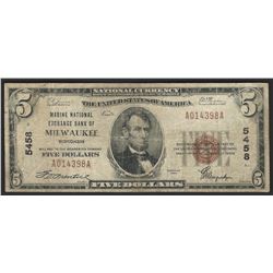 1929 $5 National Bank Note of Milwaukee Wisconsin Charter #5458
