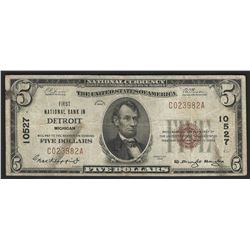 1929 $5 National Bank Note of Detroit Michigan Charter #10527