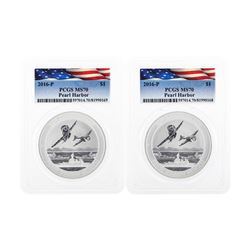 Set of (2) 2016-P $1 Pearl Harbor Silver Coins PCGS MS70