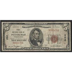 1929 $5 National Bank Note of Pittsburgh Pennsylvania Charter #252