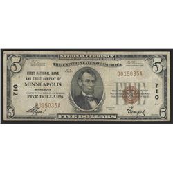 1929 $5 National Bank Note of Minneapolis Minnesota Charter #710